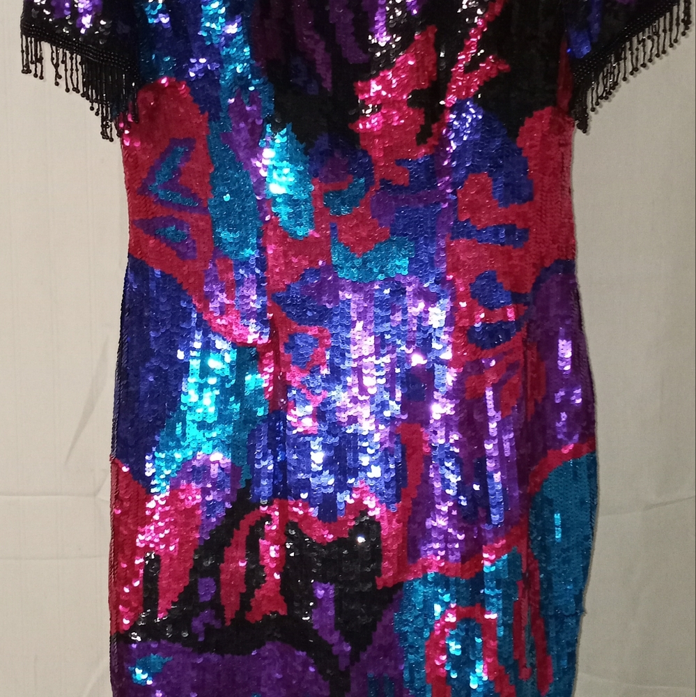 VINTAGE Dress Black Beaded Fringe and Multi Color Sequins XL -- Sean